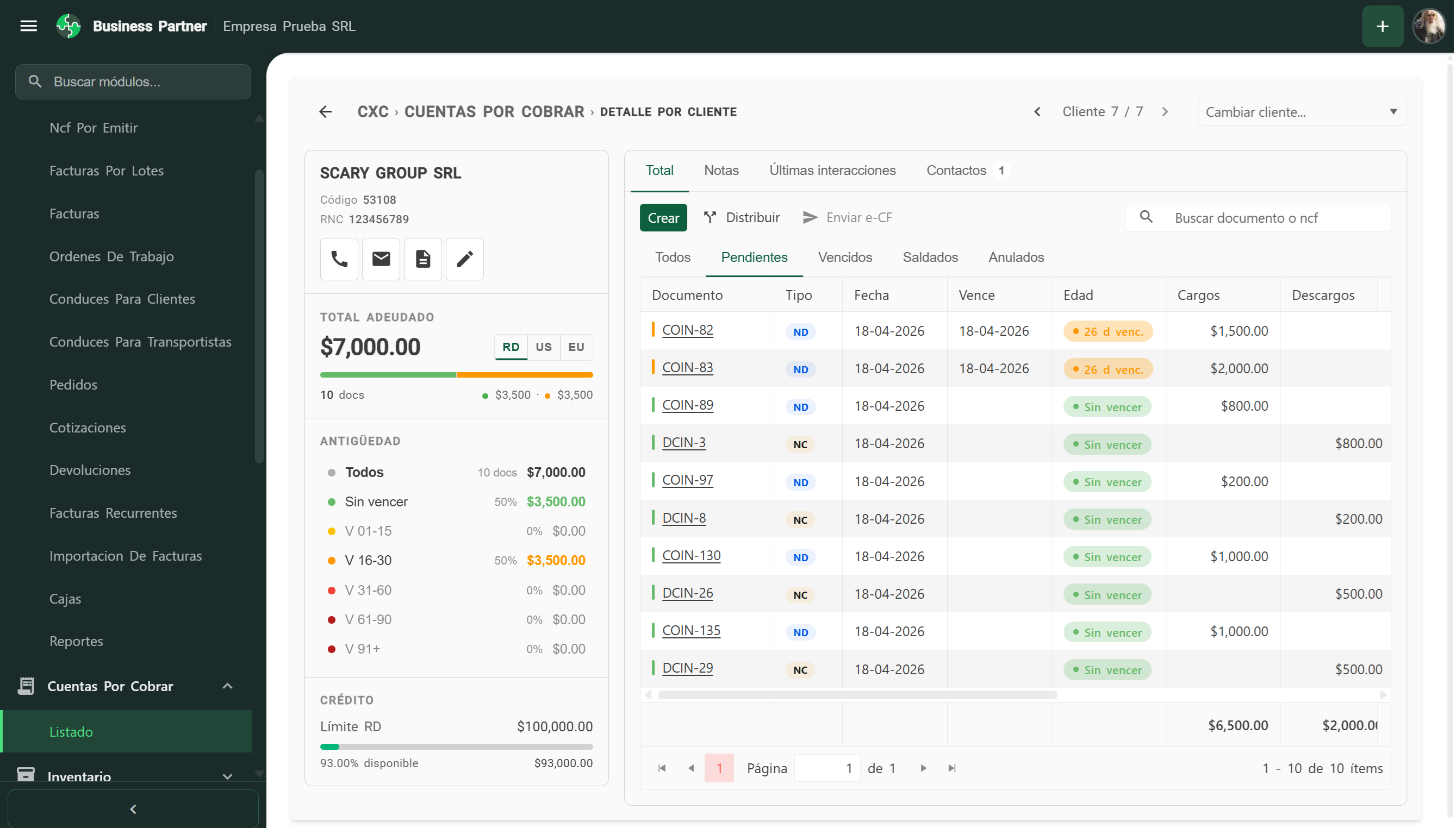 Tablero de cuentas por cobrar con antig&uuml;edad de balance